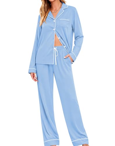 Image of SWOMOG Womens Pajamas Set Long Sleeve Sleepwear Button Down Nightwear Soft Cotton Pj Lounge Sets