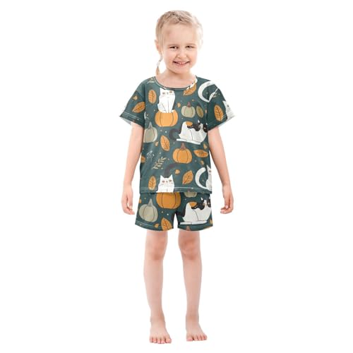 ALAZA Cat Pumpkin Halloween Pajamas Short Sleeve 2 Piece Sleepwear Top and Bottom Pajama Set Unisex3
