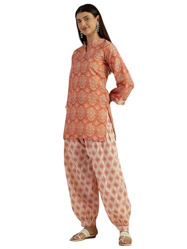 Image of EthnicJunction Women's Linen Floral Print Summer Wear Straight Short Kurti With farshi Salwar Set | Kurta Pant Set | Office wear Kurta Set | farsi salwar suit | raksha bandhan gift dress for women
