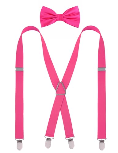 Alizeal Mens 4 Clips X-Back Solid Suspenders Pre Tied Bow Tie Set Elastic Adjustable Braces Hot Pink