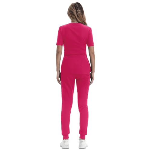 YEZEX Women's Medical Scrub Set, V-Neck Top & Jogger Pants, 10 Pockets, Hot Pink — view 3