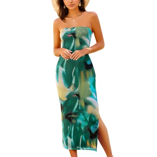 Image of Women's Tube Top Maxi Dresses Printed Tie Dye Strapless Bodycon Long Dress Split Side Sleeveless Party Elegant Outfits