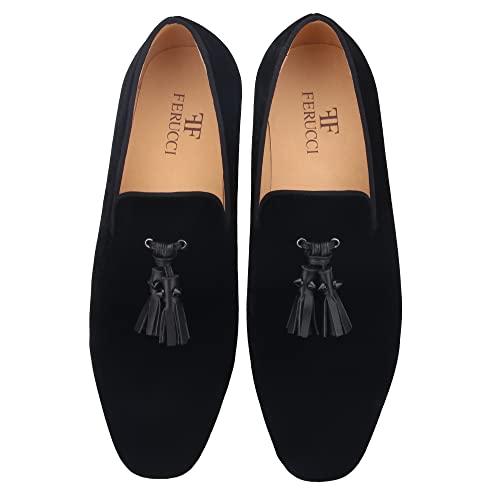 FERUCCI Men Plain Black Velvet Spiked Tassel Slippers Loafers Flats Prom Wedding3