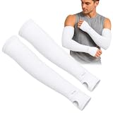 Arm Sleeves with Thumb Hole, Cooling UV Sun Protection Arm Covers for Men and Women, Ice Silk Breathable Stretch Sun Sleeves for Driving, Running, Cycling, Golf, Fishing and Outdoor Work, White