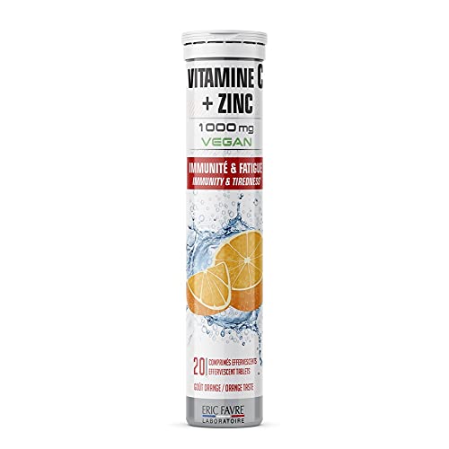 Comprimidos efervescentes de vitamina C + zinc de 1000 mg, sabor a naranja, veganos, 20 comprimidos