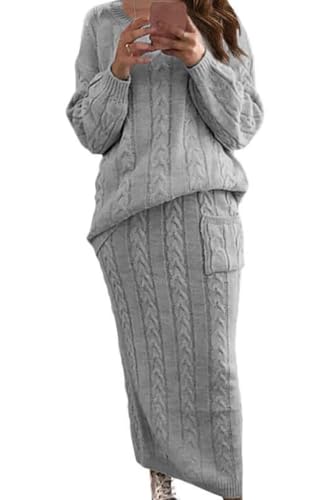 Image of chouyatou Women Winter Casual Chunky Cable Knit Long Pencil Skirt 2 Piece Outfit Oversized Pullover Sweater Sets