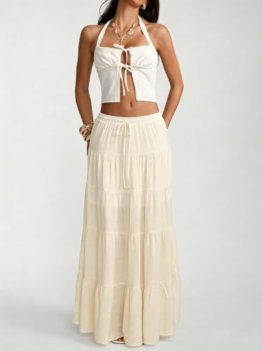 Image of Women's Boho Maxi Skirt Ruffle Flowy Low Rise A Line Beach Long Skirts | Flared Ruffle, Elastic Waist, Summer Vacation Skirts