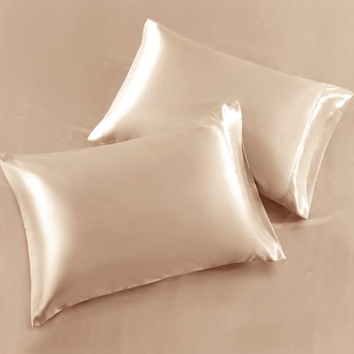 Image of SiinvdaBZX 3-Piece Set Satin King Fitted Sheet & 2 Pillowcase, Beige Silky Soft Fitted Bottom Sheet, Wrinkle Free, Fade Resistant, Deep Pocket Bed Sheet (Deep Up to 15 inch)