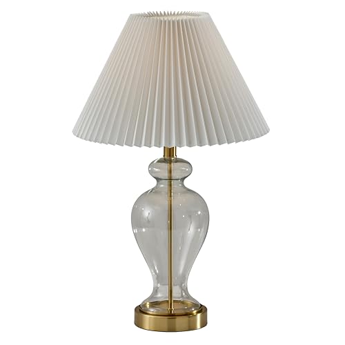 Lámpara de mesa con base de vidrio y pantalla blanca