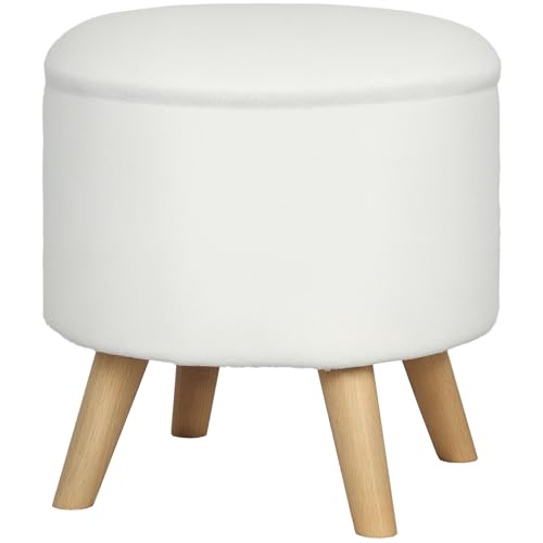 HOMCOM Round Storage Ottoman, Linen Fabric Foot Stool with Removable Top, Padded Seat, Small Foot Rest with Hidden Space and Wooden Legs for Living Room, White