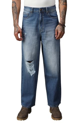 Image of High Star Men Cotton Washed Loose Fit Casual Mid-Rise Jeans
