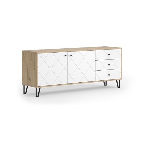 Vicco Lowboard Nizza, Artisan/Weiß, 150.2 x 60.2 cm mit 3 Schubladen & 2 Türen