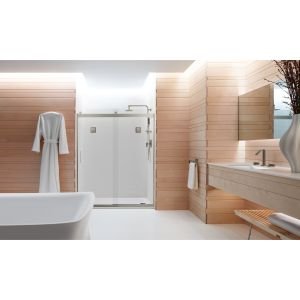 Kohler Levity® Sliding Shower Door, 74-In H X 56-5/8 - 59-5/8-In W, With 1/4-In Thick Crystal Clear Glass With Vertical Blade Handles, Matte Nickel #TOP3