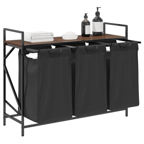 Panier à linge 3 compartiments marron aspect chêne et étagère de tri