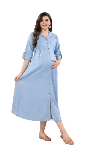 Maternity Fit and Flare Midi Three-Quarter Sleeves Dress for Women-image-18