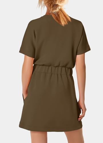 Image of SENSERISE Womens Short Sleeve T Shirt Dresses Crew Neck Solid Color Basic Smocked Waist Dress with Pockets