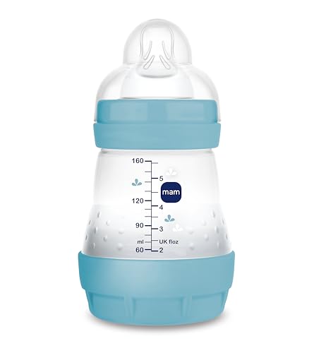 MAM Biberón Anticólicos, Recién Nacido, 0 2 Meses, 160ml, con Tetina 1 Flujo Lento de Silicona de Fácil Aceptación, Autoesterilizable y Fácil de Limpiar, MAM Easy Start Anti Colic, Azul Mate, 1ud