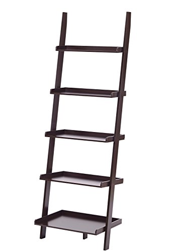 Espresso Finish 5 Tier Bookcase Shelf Ladder Leaning - 72