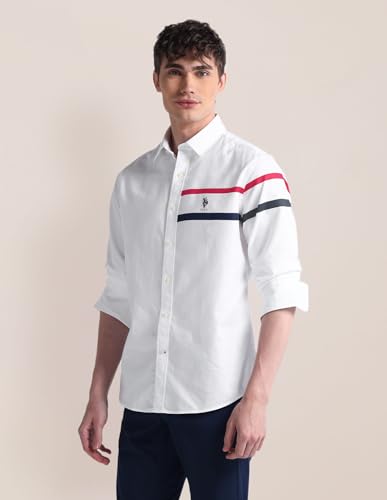 Image of U.S. POLO ASSN. Mens White Solid Collared Neck Long Sleeve Men's Casual Shirts
