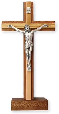 22cm Free Standing Mahogany Wood Crucifix Cross Olive Wood Inlay 11594