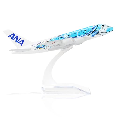 QIYUMOKE A380 ANAカラー ブルータートルスタイルデザイン メタルダイキャスト完成品飛行機モデル エアバスA380モデル飛行機 (14cm) ディスプレイスタンド付き 航空機ギフトまたは合金航空機コレクション用 - JA381A