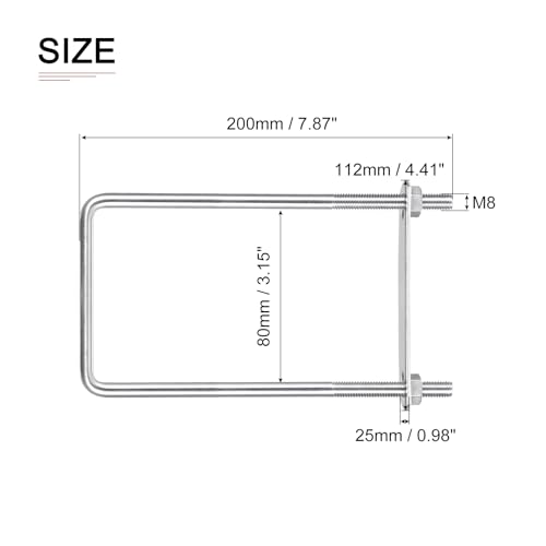 Image of DTGN M8x80x200mm(ThreadxWxL) Square U Bolt - 2Pack - Good for Trailer Pipe Replacement Parts - 304 Stainless Steel U Shape Bolts
