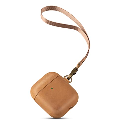Airpods Leather Case Cover With Hand Strap, Maogoam Genuine Vintage Oil Wax Crazy Horse Cowhide Leather Case For Airpods 1&2 Generation, Indiana Jones Style, Handcrafted Fully, Brown With Lanyard #TOP14