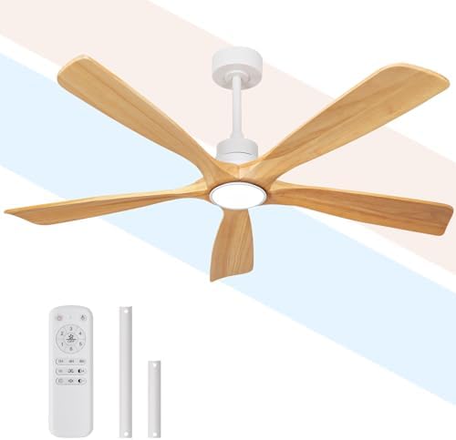 52 Inch White Ceiling Fan with Light and Remote Control, Outdoor Modern Ceiling Fans with Lights for Bedroom, Living Room, Dining Room, 6 Speeds, 5 Solid Wood Blades, Silent DC Motor, Dimmable Led