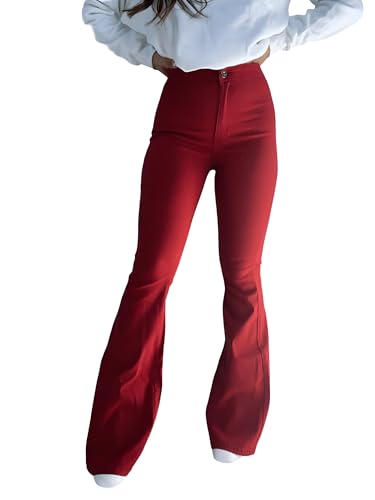 Willow Boutique High Waisted Bootcut Jeans for Women – Stretchy Bell Bottom Flare Pants | Bottoms for Women - Burgundy