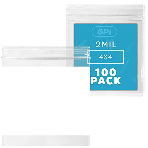 4"x4" Zip Bags, 100 Pack, 2 Mil, Write with White Block Jewelry Bags, GPI