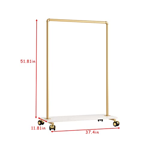 FONECHIN Gold Metal Clothing Rack with Wood Shelf, Heavy Duty Rolling Garment Rack with Wheels for Bedroom Retail Boutique Use (37.4L inches)