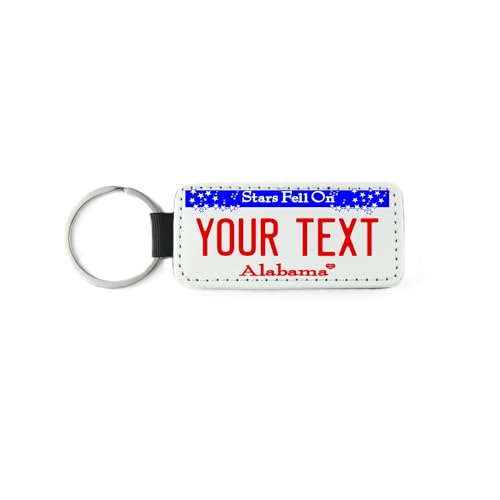 Teamlogo Personalized Alabama License Plate Faux Leather Keychain Custom Decorated with Any Name or Text That You Want. Printed in The USA. Ready to Ship on The Next Business Day | Ver 1