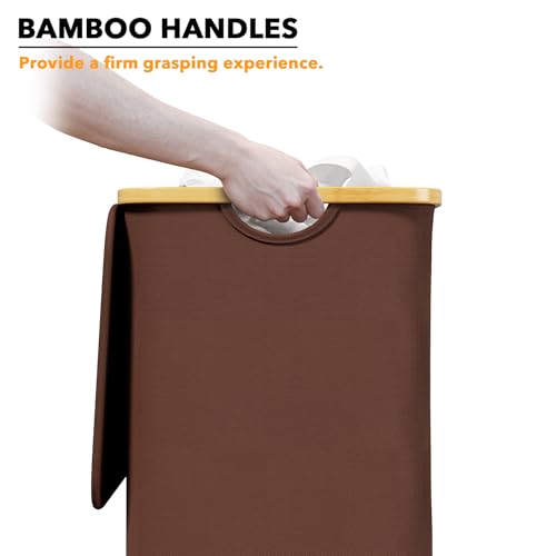 SpaceAid Laundry Hamper with Lid, 110L Large Tall Clothes Basket Bin with Bamboo Handles, Collapsible Laundry Hamper for Bedroom, Bathroom, Dorm, Laundry Room - Brown