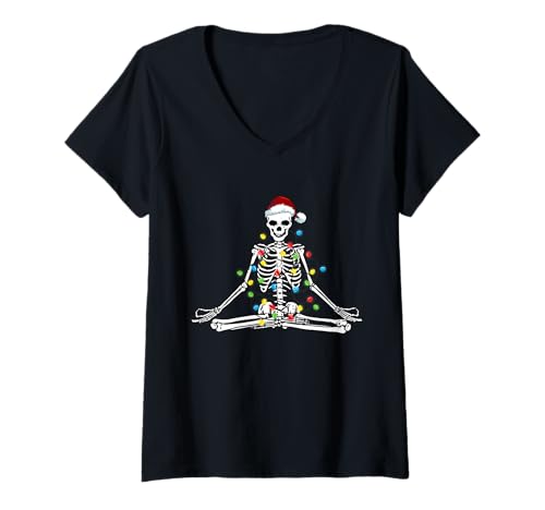Mujer Esqueleto de Navidad de Papá Noel para yoga Camiseta Cuello V
