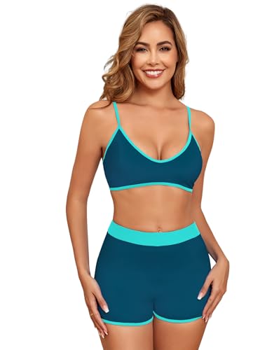 ZAFUL Women's Sporty High Waisted Bikini Shorts Sets Tummy Control Swimsuits Modest Bathing Suit Shorts Swim Suits Teens