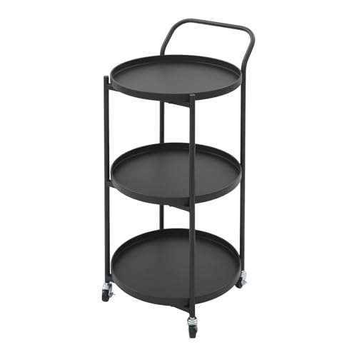 Image of Dokiiovo 3-Tier Rolling Bar Cart, Round Kitchen Trolley on Wheels, Metal Drinks Trolley Mobile Storage Cart for Kitchens, Bar, Living Room, 46x40x78 cm (Black)