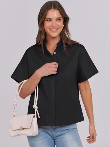 ANRABESS Women Short Sleeve Button Down Cropped Shirts Oversized Boxy Loose Fit Dressy Business Casual Office Work Top Blouse3