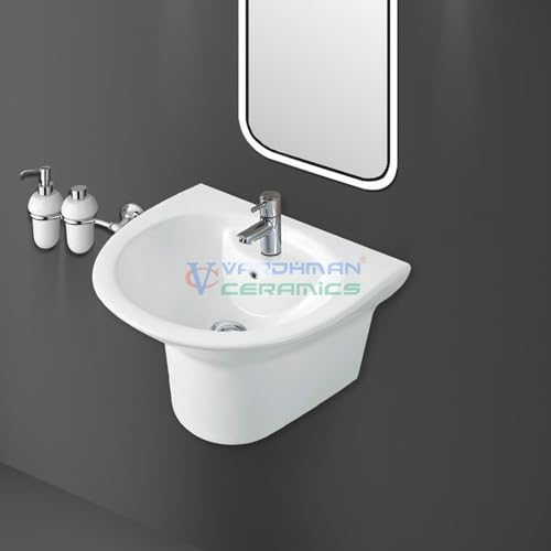 Image of Wash Basin Wall Hung Mounted Glossy Finish White Sink for Bathroom (22 x 19 x 15 Inch)