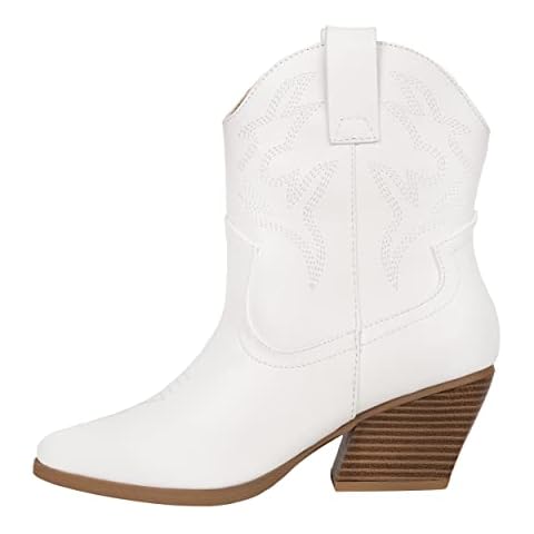 KAYDAY ~MORLEY~ Women's Cowgirl Cowboy Western Stitched Ankle Boots Pointed Toe Short Booties, White/Beige, 5.5 UK Cover
