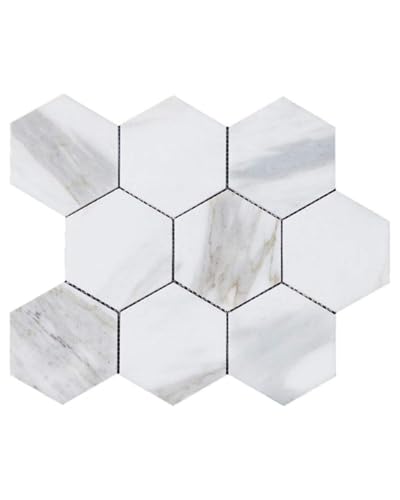 Tenedos Calacatta White Gold Marble 4 Inch Hexagon Mosaic Tile