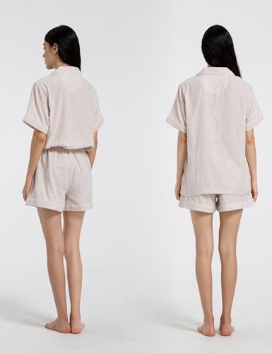 Image of Womens Muslin Pajama Sets 100% Cotton Double Gauze Linen Like Short Pjs | Breathable Soft Comfort Button Up Loungewear Sleepwear PJ Set