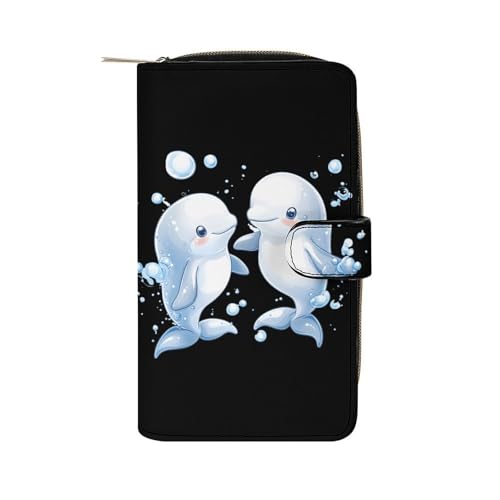 Cute Beluga Whale Couples Long Wallet PU Leather Credit Card Holder Durable Zippered Purse Clutch Wallet