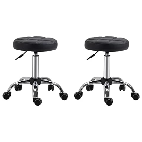 HOMCOM 2er-Set Rollhocker Drehhocker mit Rädern Arbeitshocker höhenverstellbar drehbar Salon Hocker Salonstühle Kunstleder Schwarz Ø35,5 x 48-63H cm Cover