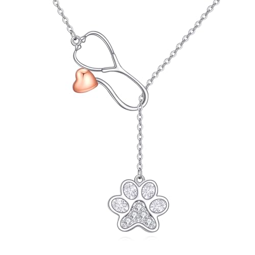 HUKKUN Collar veterinario de plata de ley con estetoscopio de pata lariat para veterinarios, regalo para mujer, Plata esterlina