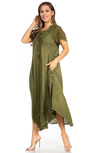Image of Sakkas Egan Long Embroidered Caftan Dress /Cover Up with Embroidered Cap Sleeves