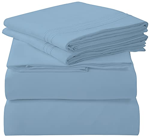 ROYALE LINENS 4 Piece Cal King Sheets Set - Soft Brushed 1800 Microfiber - 1 Fitted, 1 Flat Sheet, 2 Pillow Cases - Wrinkle Free & Fade Resistant - Hotel Luxury Bed Sheets (Lake Blue, Cal King)