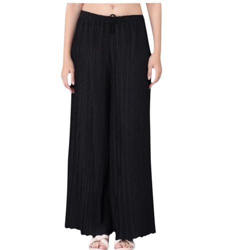 Image of Women Solid Wide Leg Palazzo Pants | Elastic Waist Drawstring Lounge Palazzo Trousers | Casual Comfortable Palazzo for Women & Girls
