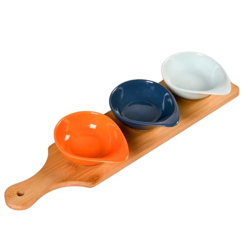 Image of Nestasia Ceramic Snack Bowls with Bamboo Tray 100ml | Vibrant Orange, Blue, and Navy Bowls, Food-Safe, Microwave & Dishwasher Safe | Ideal for Dips, Snacks, Treats, Dry Fruits