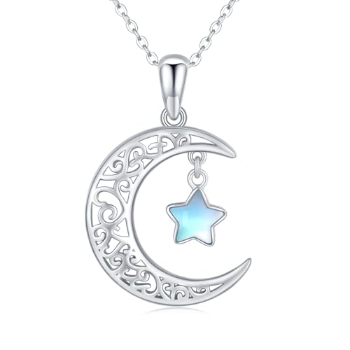 TRISHULA Moon Star Necklace, 925 Sterling Silver Crescent Moon Sun Pendant with Moonstone Crescent Jewelry Gift for Her Sister Birthday Christmas