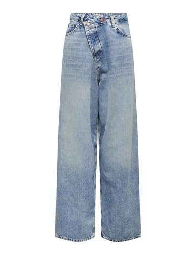 Women's ONLECHO MW Wide UNEAVEN CL DNM CRO Jeans, Medium Blue Denim, 33W x 32L, Medium blue (medium blue denim), 33W / 32L